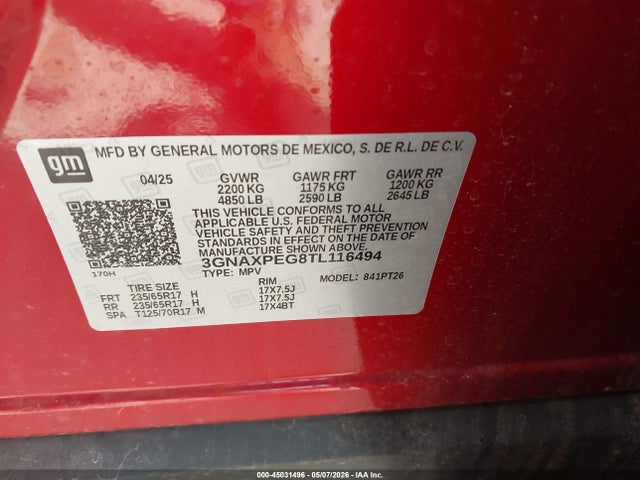 Aukcja sprzedaży 2026 Chevrolet Equinox Awd Lt, vin: 3GNAXPEG8TL116494, numer aukcji: 45031496