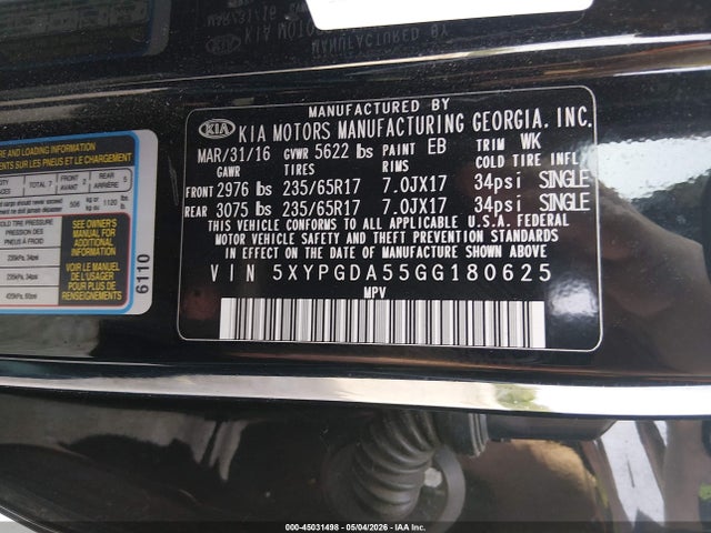 45031498 :رقم المزاد ، 5XYPGDA55GG180625 vin ، 2016 Kia Sorento 3.3l Lx مزاد بيع