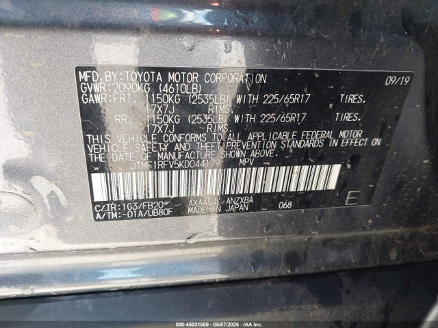 Aukcja sprzedaży 2019 Toyota Rav4 Le, vin: JTMF1RFV5KD044179, numer aukcji: 45031500