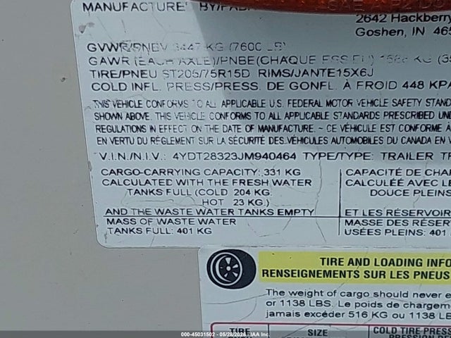 Продажа на аукционе авто 2018 Dutchmen Other, vin: 4YDT28323JM940464, номер лота: 45031502