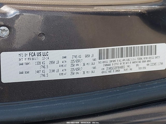 Продаж на аукціоні авто 2015 Dodge Grand Caravan Sxt, vin: 2C4RDGCG9FR648853, номер лоту: 45031509