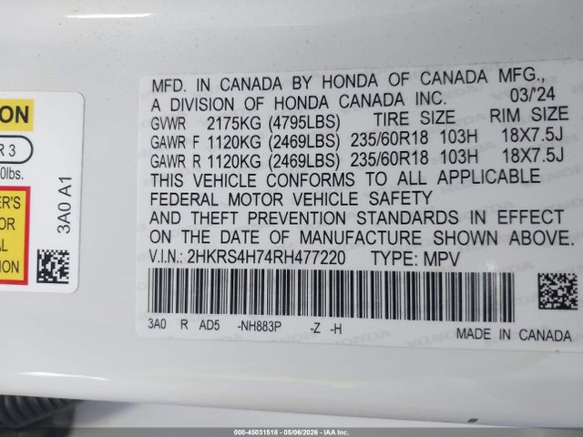 2HKRS4H74RH477220 Honda Cr-v Ex-l Awd