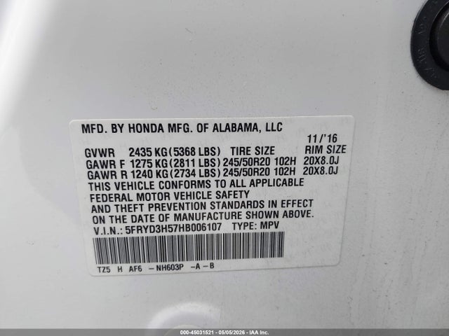 45031521 :رقم المزاد ، 5FRYD3H57HB006107 vin ، 2017 Acura Mdx Technology Package مزاد بيع
