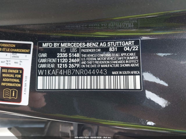 45031524 :رقم المزاد ، W1KAF4HB7NR044943 vin ، 2022 Mercedes-benz C 300 4matic مزاد بيع