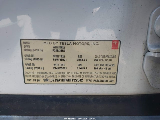 Продажа на аукционе авто 2013 Tesla Model S Performance, vin: 5YJSA1DP6DFP22342, номер лота: 45031533