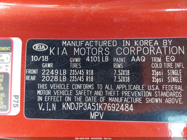 Auction sale of the 2019 Kia Soul +, vin: KNDJP3A51K7692484, lot number: 45031539