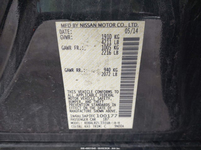 2015 Nissan Altima 2.5 Sl მანქანა იყიდება აუქციონზე, vin: 1N4AL3AP3FC100177, აუქციონის ნომერი: 45031545