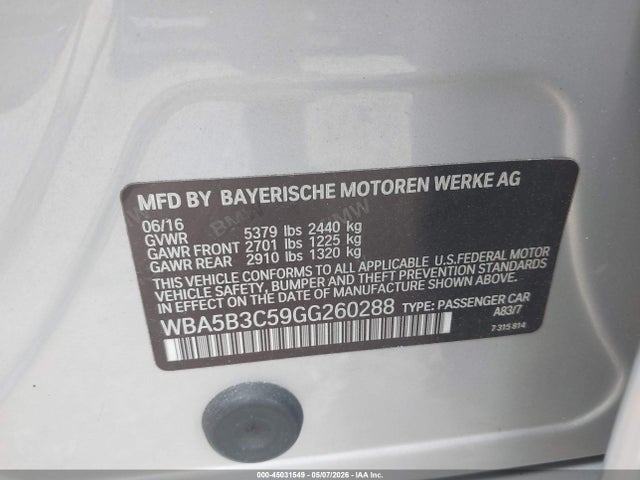 45031549 :رقم المزاد ، WBA5B3C59GG260288 vin ، 2016 Bmw 535i Xdrive مزاد بيع