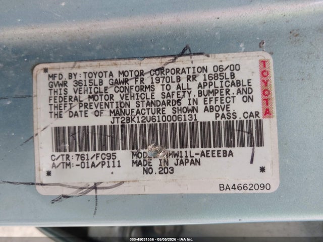 Aukcja sprzedaży 2001 Toyota Prius, vin: JT2BK12U610006131, numer aukcji: 45031556