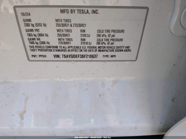 Продаж на аукціоні авто 2025 Tesla Model Y Performance Dual Motor All-wheel Drive, vin: 7SAYGDEF3SF218637, номер лоту: 45031557