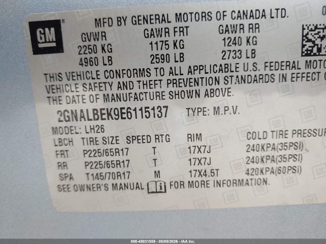 45031559 :رقم المزاد ، 2GNALBEK9E6115137 vin ، 2014 Chevrolet Equinox 1lt مزاد بيع