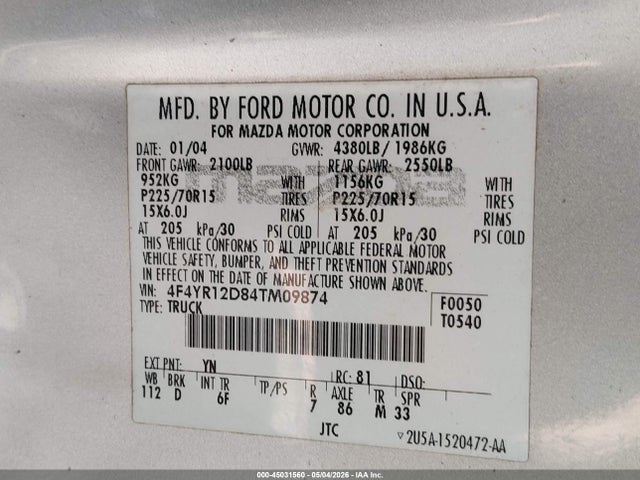 2004 Mazda B2300 მანქანა იყიდება აუქციონზე, vin: 4F4YR12D84TM09874, აუქციონის ნომერი: 45031560