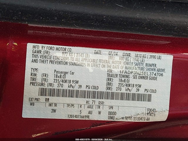 Продаж на аукціоні авто 2014 Ford Focus Titanium, vin: 1FADP3N25EL374706, номер лоту: 45031579