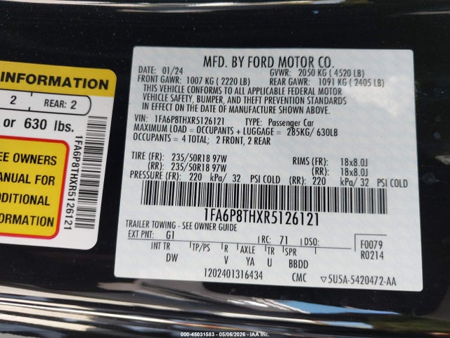 Продажа на аукционе авто 2024 Ford Mustang Ecoboost Fastback, vin: 1FA6P8THXR5126121, номер лота: 45031583