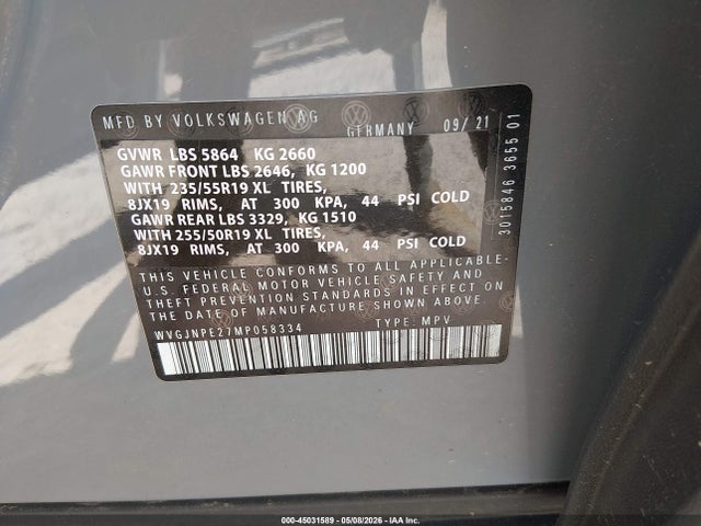 Aukcja sprzedaży 2021 Volkswagen Id.4 Awd Pro, vin: WVGJNPE27MP058334, numer aukcji: 45031589