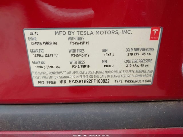 2015 Tesla Model S 70d/85d/p85d მანქანა იყიდება აუქციონზე, vin: 5YJSA1H22FF100922, აუქციონის ნომერი: 45031590