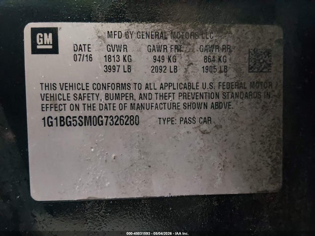 1G1BG5SM0G7326280 Chevrolet Cruze Premier Auto