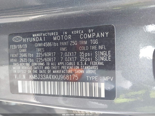 45031596 :رقم المزاد ، KM8J33A4XKU968175 vin ، 2019 Hyundai Tucson Value مزاد بيع