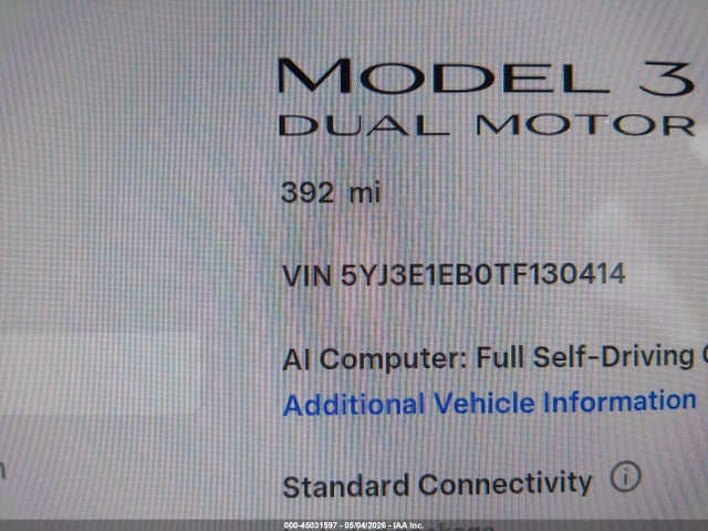 Продажа на аукционе авто 2026 Tesla Model 3 Premium All-wheel Drive, vin: 5YJ3E1EB0TF130414, номер лота: 45031597