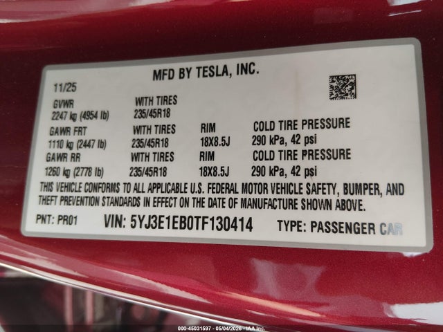 Продажа на аукционе авто 2026 Tesla Model 3 Premium All-wheel Drive, vin: 5YJ3E1EB0TF130414, номер лота: 45031597