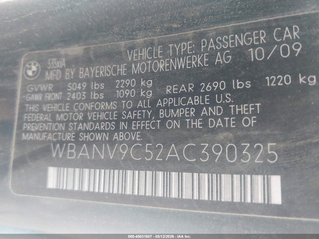 2010 Bmw 535i Xdrive მანქანა იყიდება აუქციონზე, vin: WBANV9C52AC390325, აუქციონის ნომერი: 45031607