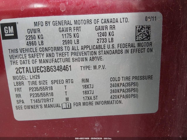Aukcja sprzedaży 2011 Gmc Terrain Slt-1, vin: 2CTALUEC3B6348461, numer aukcji: 45031609