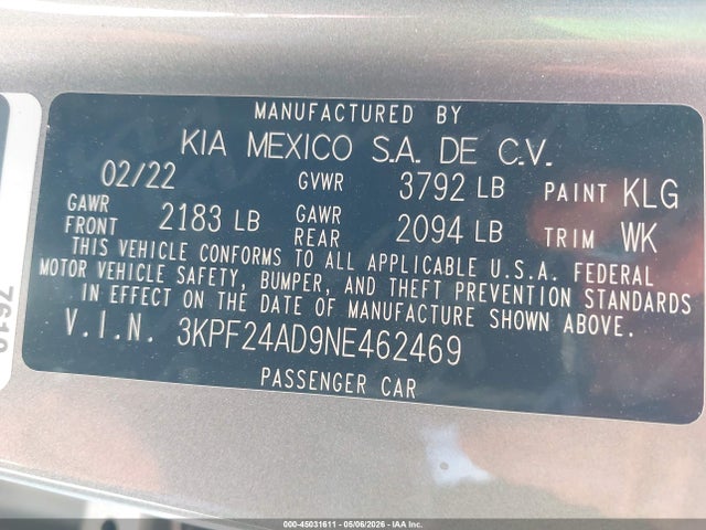 Aukcja sprzedaży 2022 Kia Forte Lxs, vin: 3KPF24AD9NE462469, numer aukcji: 45031611