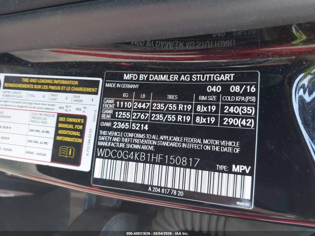 45031626 :رقم المزاد ، WDC0G4KB1HF150817 vin ، 2017 Mercedes-benz Glc 300 4matic مزاد بيع