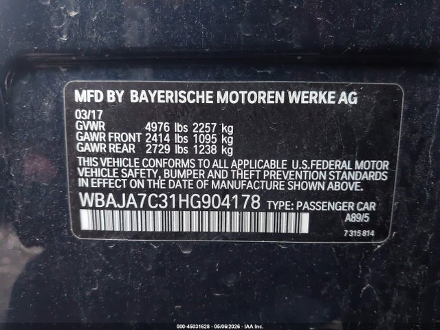 2017 Bmw 530i Xdrive მანქანა იყიდება აუქციონზე, vin: WBAJA7C31HG904178, აუქციონის ნომერი: 45031628