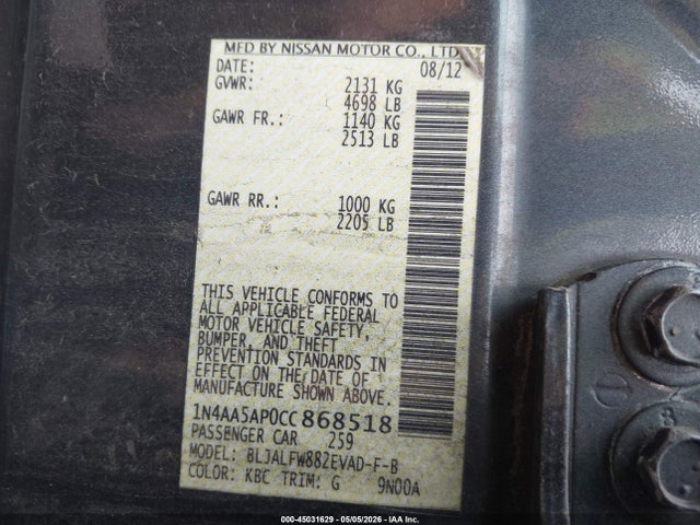 Продаж на аукціоні авто 2012 Nissan Maxima 3.5 Sv, vin: 1N4AA5AP0CC868518, номер лоту: 45031629