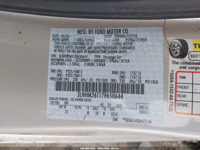 Продаж на аукціоні авто 2007 Lincoln Mkz, vin: 3LNHM26T17R650644, номер лоту: 45031633