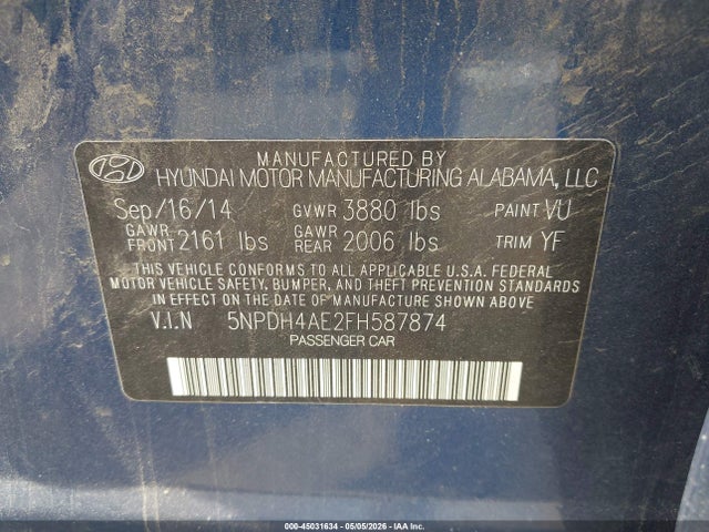 Auction sale of the 2015 Hyundai Elantra Se, vin: 5NPDH4AE2FH587874, lot number: 45031634