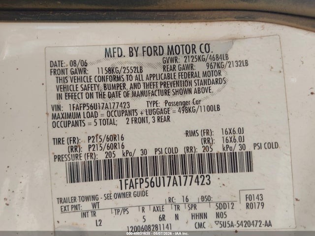 Aukcja sprzedaży 2007 Ford Taurus Sel, vin: 1FAFP56U17A177423, numer aukcji: 45031635