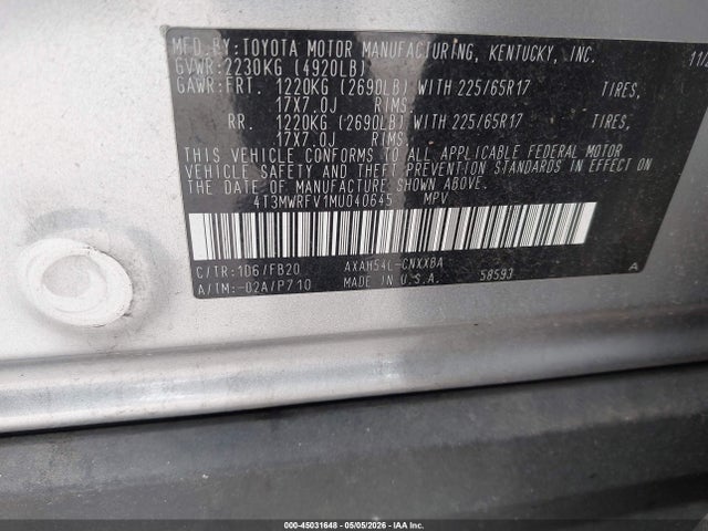 4T3MWRFV1MU040645 Toyota Rav4 Hybrid Le