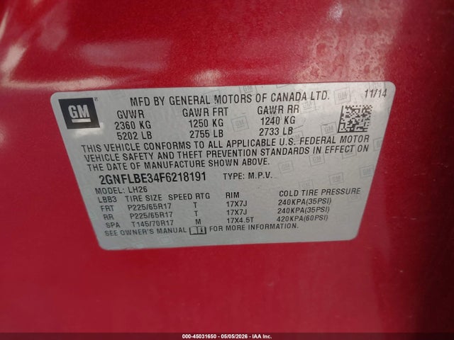 2015 Chevrolet Equinox 1lt მანქანა იყიდება აუქციონზე, vin: 2GNFLBE34F6218191, აუქციონის ნომერი: 45031650