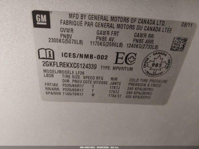 45031652 :رقم المزاد ، 2GKFLREKXC6124339 vin ، 2012 Gmc Terrain Sle-1 مزاد بيع