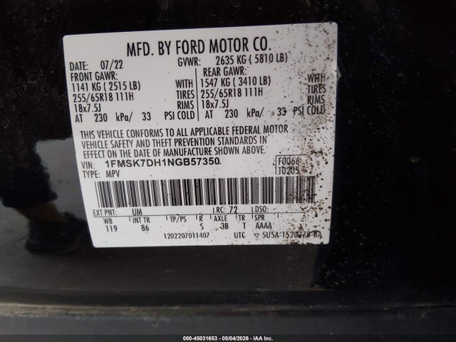 45031653 :رقم المزاد ، 1FMSK7DH1NGB57350 vin ، 2022 Ford Explorer Xlt مزاد بيع