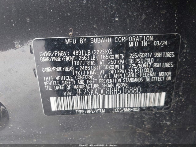 Aukcja sprzedaży 2024 Subaru Forester Premium, vin: JF2SKADC8RH516880, numer aukcji: 45031659