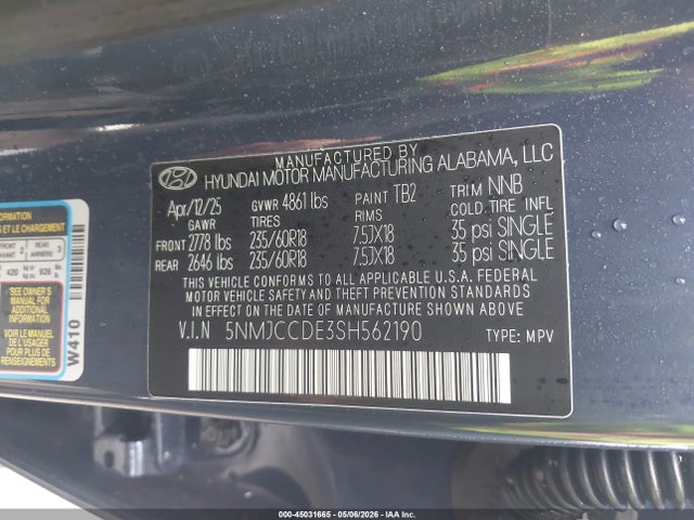 Продаж на аукціоні авто 2025 Hyundai Tucson Sel Convenience, vin: 5NMJCCDE3SH562190, номер лоту: 45031665
