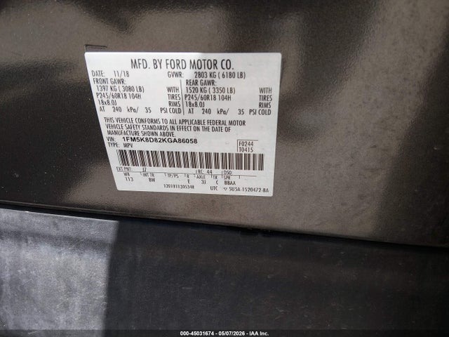 Aukcja sprzedaży 2019 Ford Explorer Xlt, vin: 1FM5K8D82KGA86058, numer aukcji: 45031674