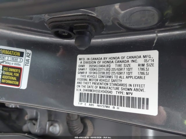 45031676 :رقم المزاد ، 2HKRM3H55EH542640 vin ، 2014 Honda Cr-v Ex مزاد بيع