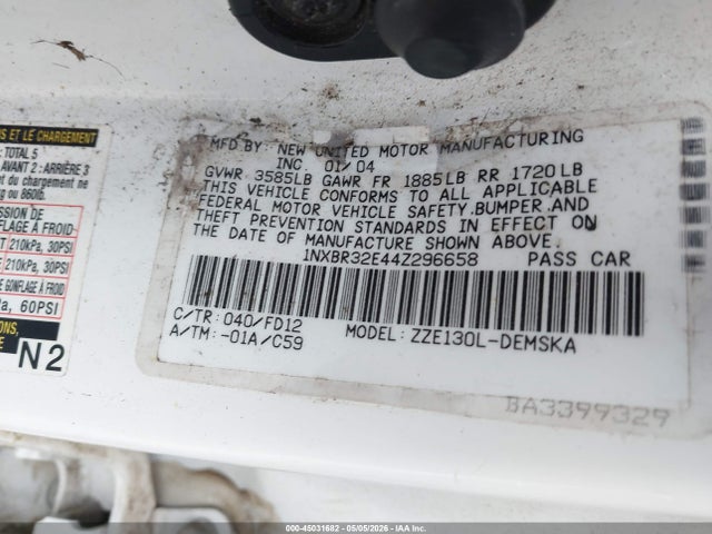 Продажа на аукционе авто 2004 Toyota Corolla S, vin: 1NXBR32E44Z296658, номер лота: 45031682