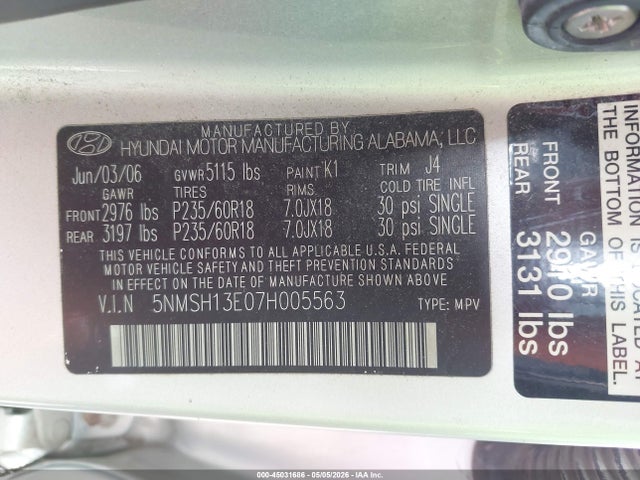 Продажа на аукционе авто 2007 Hyundai Santa Fe Limited/se, vin: 5NMSH13E07H005563, номер лота: 45031686