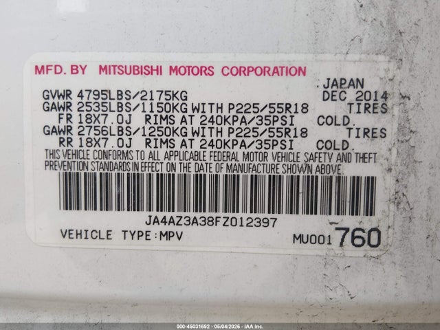 Продаж на аукціоні авто 2015 Mitsubishi Outlander Se, vin: JA4AZ3A38FZ012397, номер лоту: 45031692