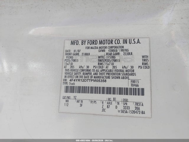 Aukcja sprzedaży 2007 Mazda B2300, vin: 4F4YR12D77PM05358, numer aukcji: 45031694