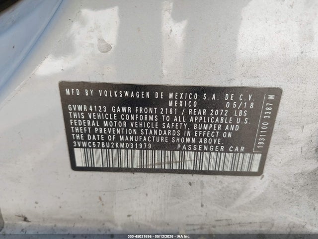 Продаж на аукціоні авто 2019 Volkswagen Jetta 1.4t R-line/1.4t S/1.4t Se, vin: 3VWC57BU2KM031979, номер лоту: 45031696
