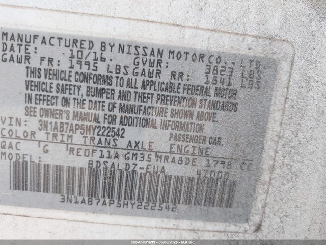 45031699 :رقم المزاد ، 3N1AB7AP5HY222542 vin ، 2017 Nissan Sentra Sv مزاد بيع