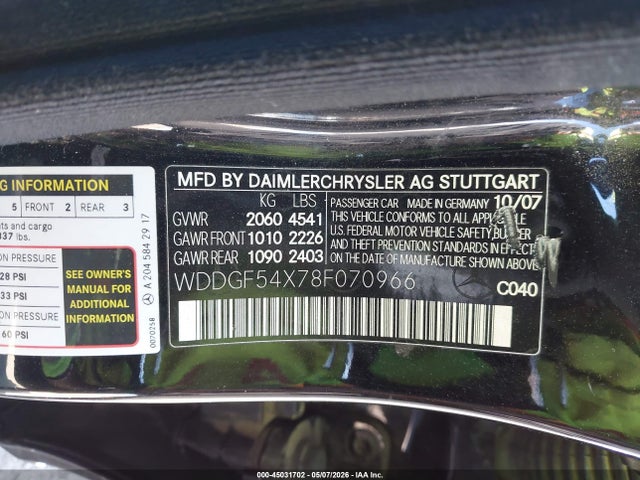 45031702 :رقم المزاد ، WDDGF54X78F070966 vin ، 2008 Mercedes-benz C 300 Luxury/sport مزاد بيع