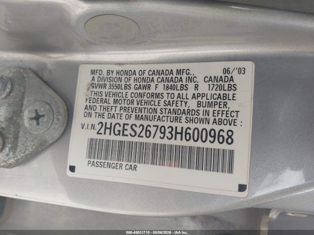 45031710 :رقم المزاد ، 2HGES26793H600968 vin ، 2003 Honda Civic Ex مزاد بيع