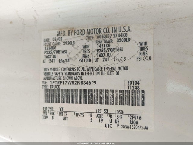 45031718 :رقم المزاد ، 1FTRF17W82NB34699 vin ، 2002 Ford F-150 Xl/xlt مزاد بيع